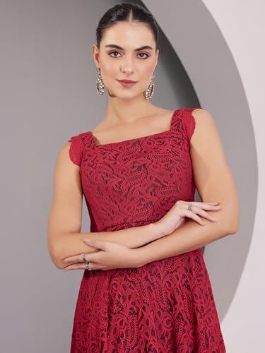 Miss Chase Womens Square Neck Sleeveless Self-Designed Ruffled Midi Lace Dress (MCSS25D16-76-143-04, Maroon, M)
