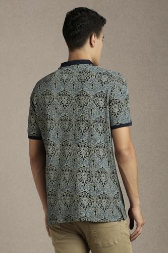 Men Navy Print Polo Neck T-Shirt