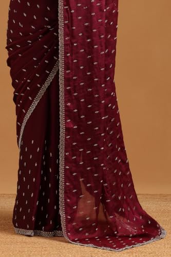 Soch Womens Wine Fendy Organza Embellished Saree