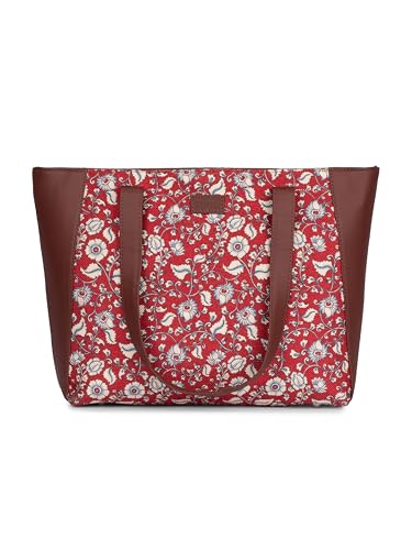 ZOUK Chittoor Red Kalamkari Floral Printed Women Jute Vegan Leather Red Side Tote Bag For Ladies With Double Handle