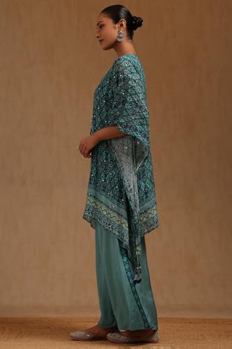 Soch Womens Turquoise Blue Chinon Floral Print Kaftan Suit Faux Mirror And With Sequins