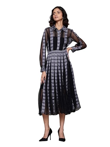 Label RITU KUMAR Collar Neck Full Sleeves Printed Long Dress Black