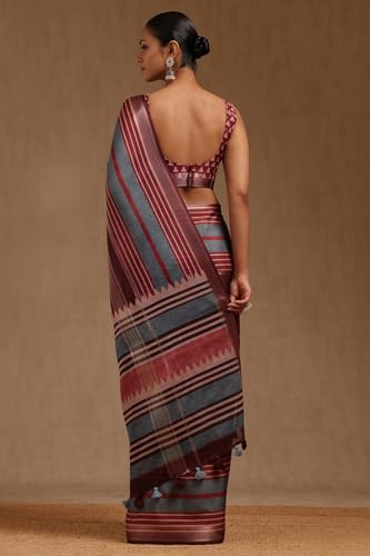 Soch Womens Maroon Crepe Striped Saree