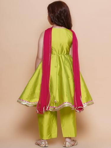 Bitiya By Bhama Girls Green Floral Embroidered Angrakha Kurta with Trousers & Dupatta(TKS166)