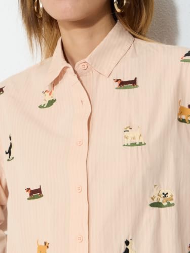 The Souled Store Pets On Prints: Doggo Love Women and Girls Full Length Sleeves Spread Collar Peach Striped Embroidered Cotton Oversized Fit Breathable Lightweight Everyday Casual Shirt