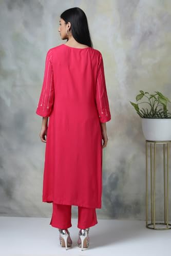 BIBA Women Fuchsia Rayon Straight Kurta Pants Set_46