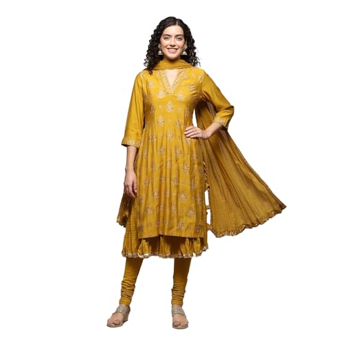 BIBA Women Printed Silk Suit Set (Yellow)