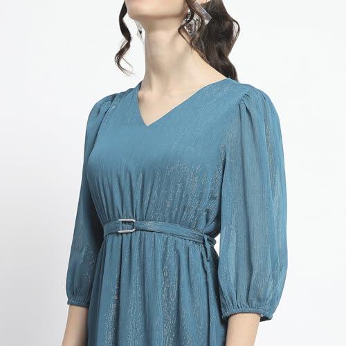 Madame Shimmery Tiered Belted Waist Teal Midi Dress for Women