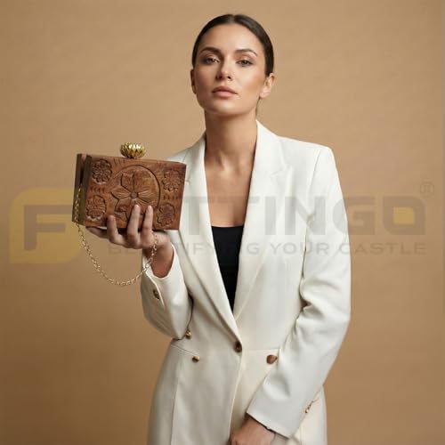 FITTINGO Wooden Clutch Purse for Women 11.5 x 5.5 x 19 cm | Rectangular Handcrafted Wooden Purse Bag with Chain | Stylish Hard Wood Clutch for Party Wedding Casual Use Premium Wooden Handbag- Model 3