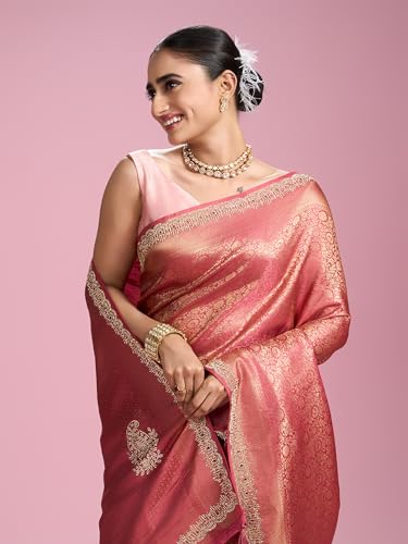 MOHEY Women's Art Silk Mirror Work, Stone Work, Weave Saree with Blouse Piece(Coral)