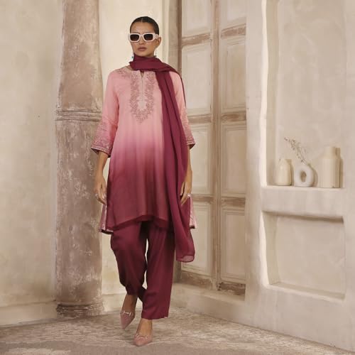 Biba Women Peach Viscose Blend Straight Suit Set_32
