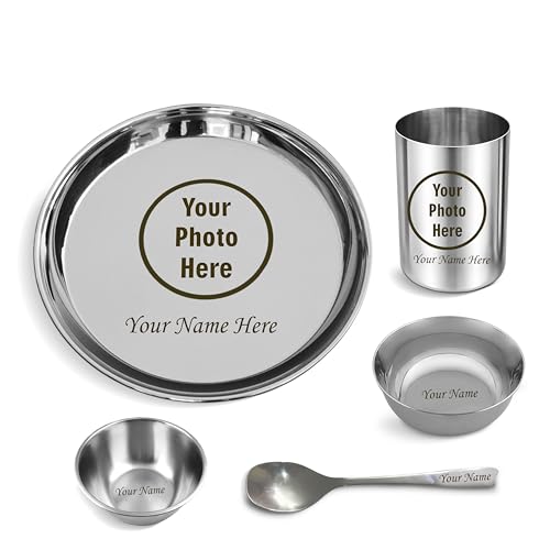 Savri Personalized Stainless Steel Dinner Set for Kids –Custom Laser Photo Printed Plate, Bowl,Glass & Spoon with Name & Cartoon Design | 5-Piece Kids Meal Set | Birthday, Return & Daily Gift (Silver)