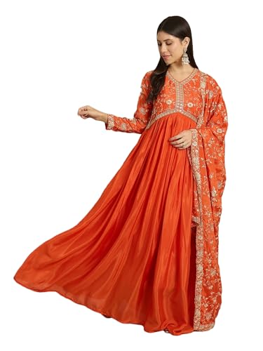 Hoyendiafad Women's Orange Chinon Stitched Gown With Dupatta Full Sleeve Embroidered Anarkali Gown (HFY-1244-Orange-L)