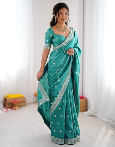 SIRIL Women's Silk Sequence Embroidery Lace Saree With Sequence Embroidery Unstitched Blouse Piece(4865S213_Teal Green)