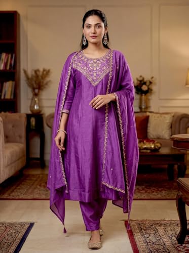 VARNI FABRICS: A lady's First Love Women's Vichitra Silk Embroidered Kurta With Pants and Dupatta, Ethnic Wear Set (IN, Alpha, S, Regular, Purple)