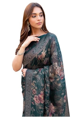 Soch Womens Green Chanderi Floral Print Saree With Zari Woven