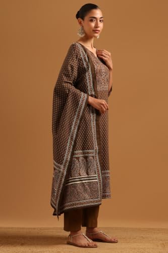 Soch Womens Brown Cotton Block Printed Ethnic Motifs Salwar Suit