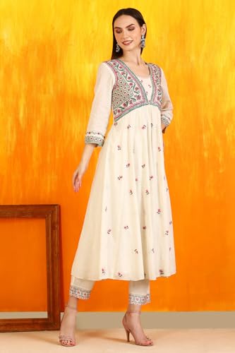 W for Woman Off-White Embroidered Yoke Textured Cotton Anarkali Kurta, Pants and Dupatta Set (Size: XL)-WS12118-222952