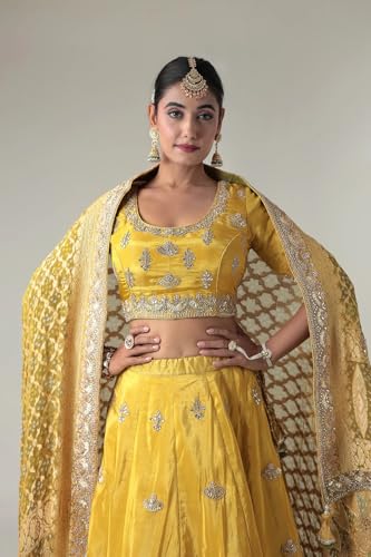 Women's Embellished Silk Lehenga with Contrast Bandhej Dupatta