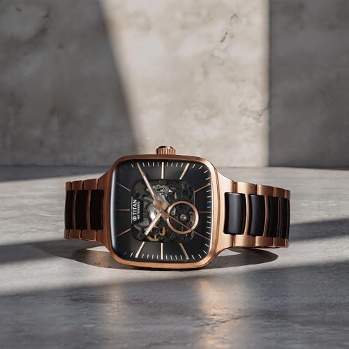 Titan Ceramic Fusion Skeleton Automatic Rich Black Dial Steel & Ceramic Strap Watch for Men_90175KD03