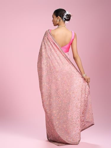 MOHEY Women's Organza Stone Work, Thread Work Saree with Blouse Piece(Pink)