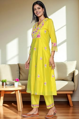 W for Woman Floral Embroidered Flared Chanderi Kurta with Straight Pant and Dupatta Set - Yellow (WS12917-223750-L)