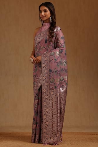 Soch Womens Lavender Chanderi Floral Zari Woven Saree