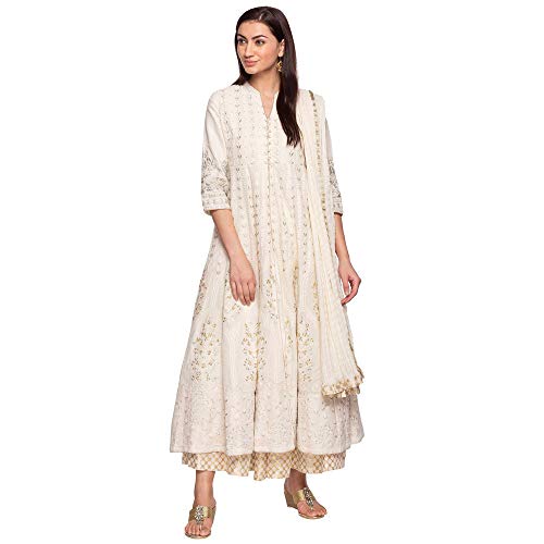 BIBA WOMEN EMBROIDERY FLARED SALWAR KURTA DUPATTA(SKD5876_OFF WHITE_36)