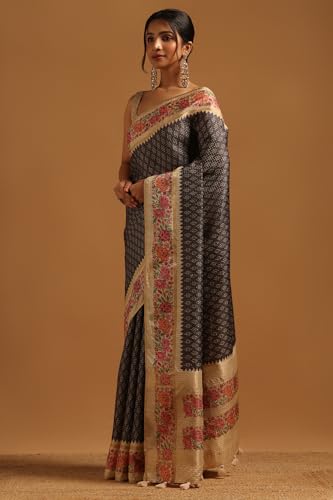 Soch Womens Charcoal Tussar Floral Saree With Zari Work