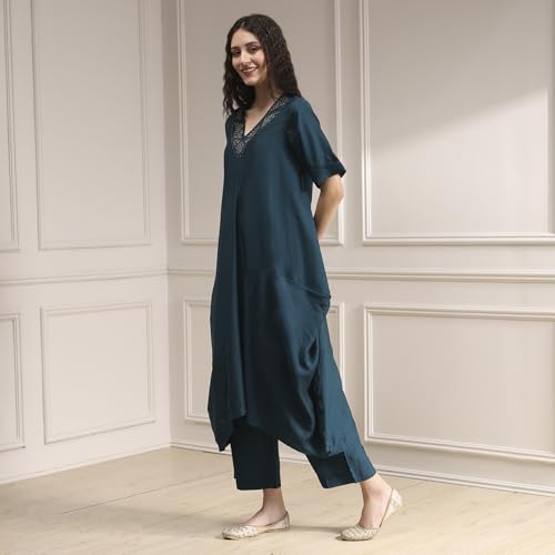 Biba Women's Viscose Blend Kurta Set (STNCL30037AW25TEL_Teal Blue