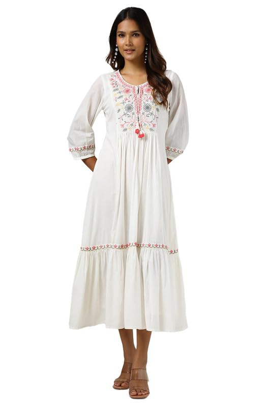 Soch Womens Off White Cotton Embroidered Dress with Thread Work