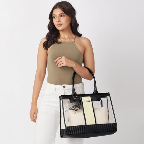 Caprese Madonna Laptop Tote Bag X-Large | Stylish Transparent Handbag with Butterfly Charm with Comfortable Handles & Secure Zip Closure | Shoulder Bag | Perfect for Office & Casual Use (Black)