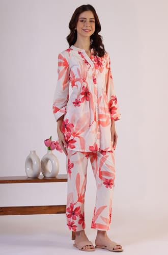 W for Woman White Bold Floral Printed Pure Cotton Tunic and Straight Pants Co-ord Set (Size: S)-WS31237-125407