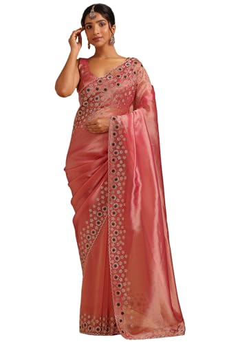 Soch Womens Blush Pink Tissue Floral Saree With Stone Work