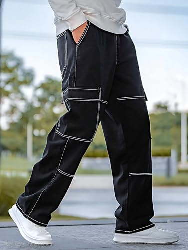 URBAN POCKETS Jeans for Men | Denim Cargo Pants with Baggy Fit Utility Pockets & Streetwear Stitch Design (Black-Cargo-U01-32)