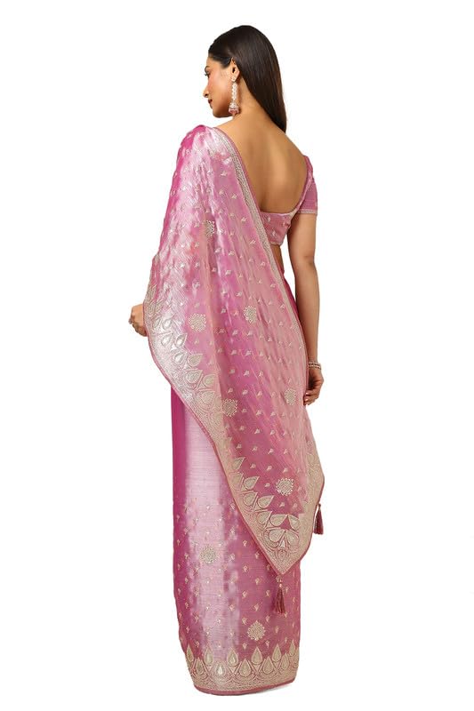 Soch Womens Onion Pink Organza Embroidered Saree With Stone Work