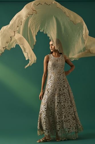 Wishful Women's Beige Embroidered Anarkali Dress with Churidar and Dupatta Set - (SP11508-401099-XL)