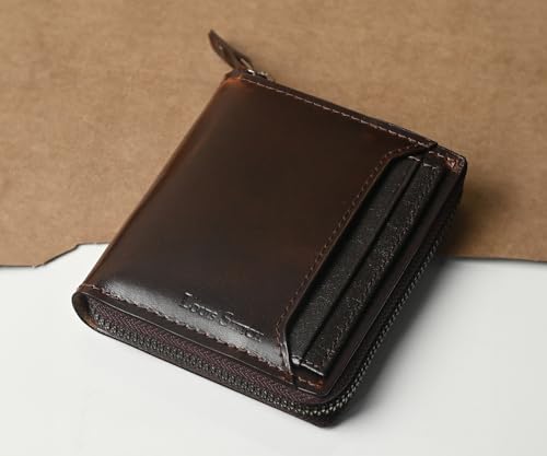 LOUIS STITCH Spanish Leather Bifold Zipper Wallet Purse for Men | RFID Protected Purse with 5 Card Slots, 1 Cash Compartment and 1 Transparent Card Holder, Genuine Leather, Brown (LSWL-11-ZLOPBB)