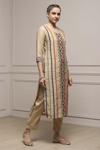 Biba Women Beige Linen Blend Hand Painted Unstitched Suit Set_FREE SIZE