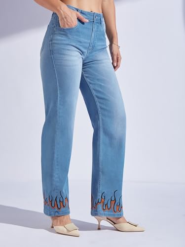 Miss Chase Women's Straight Fit Mid Rise Hand Painted Stretchable Denim Jeans (MCSS18DEN02-19-392-32, Vivid Blue, 32)