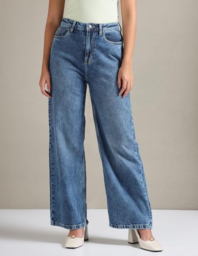 U.S. POLO ASSN. Women's Wide Leg Mid Rise Jeans (UWAW23JN048_Blue_34)