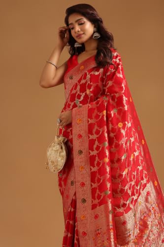 Soch Womens Red Crepe Botanical Zari Woven Saree