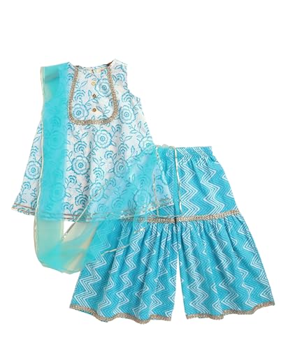 The Magic Wand Cambric Cotton All-over Printed Kurta Sharara Set with Dupatta for Kids Girls, Sleeveless Ethnic Traditional Stylish Kids Kurta for Festivals & Special Occasions, Blue, 9-10 Year