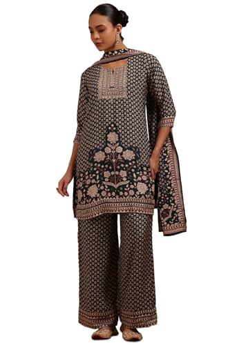 Soch Womens Green Muslin Floral Print Suit Set With Zari