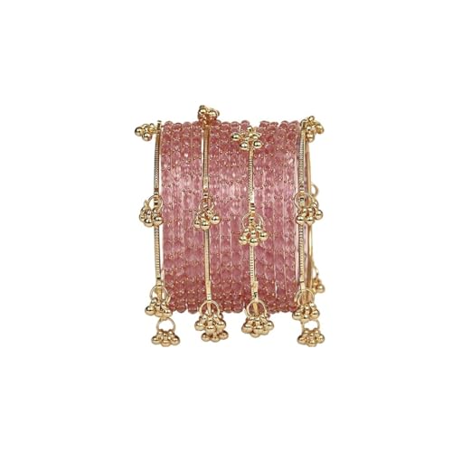 Pink Crystal Bangles Churiyan Set for Women & Girls | Set of 12 with 4 Kashmiri Bangles | Gold Ghungroo Charm Bracelet Set | Traditional Ethnic Wedding Party Fashion Churiyan (2.6, Centimeters)