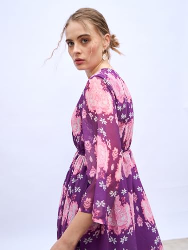 Women Long Sleeve Wrap Maxi Dress (Purple,L)
