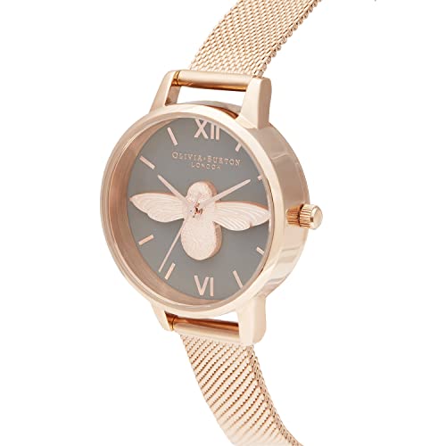 Olivia Burton 3D Bee Qtz Basic Grey & Bee Round Dial Women's Watch|Ionic Plated Rose Gold Steel Material|Gold Color Band - OB16EX116