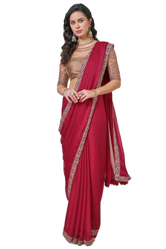 Soch Womens Maroon Striped Chiffon Saree with Zardosi Lace