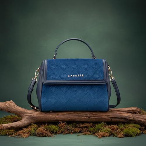 Caprese Katherine Medium Monogram Velvet Sling Bag for Women | Elegant Multi-Compartment Crossbody & Shoulder Bag with Adjustable Strap | Perfect for Party & Travel (Midnight Blue)