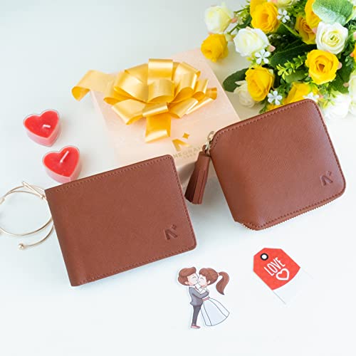 NEORAH — Couples Gift Set Vegan Leather Men's Wallet & Women’s Card Wallet + Coin Compartment - Men’s Wallet | Card Wallet - Birthday, Anniversary, Wedding Day, Valentine's Day Gift (Brown)
